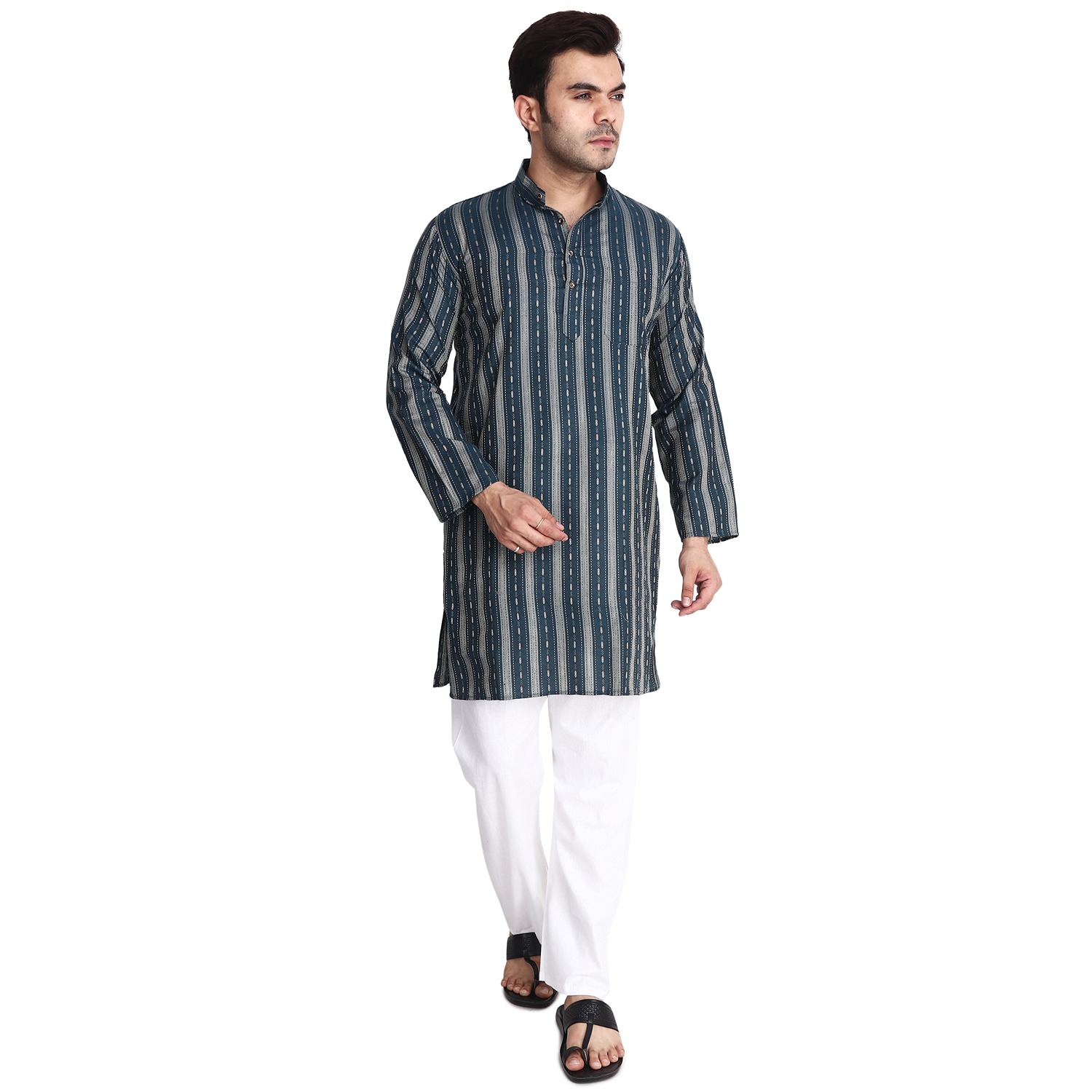 Aaryavar Men's Embroidered Premium Cotton - Motif Design Kurta - Teal Blue Color