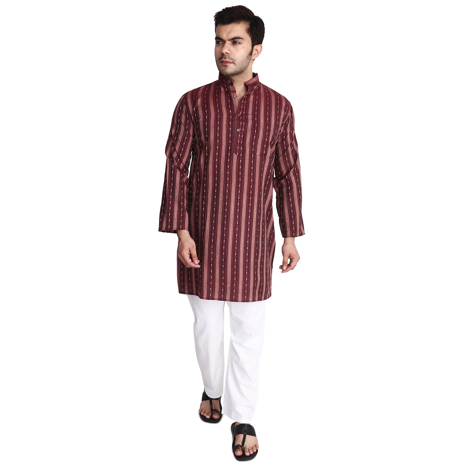 Aaryavar Men's Embroidered Premium Cotton - Motif Design Kurta - Maroon Color