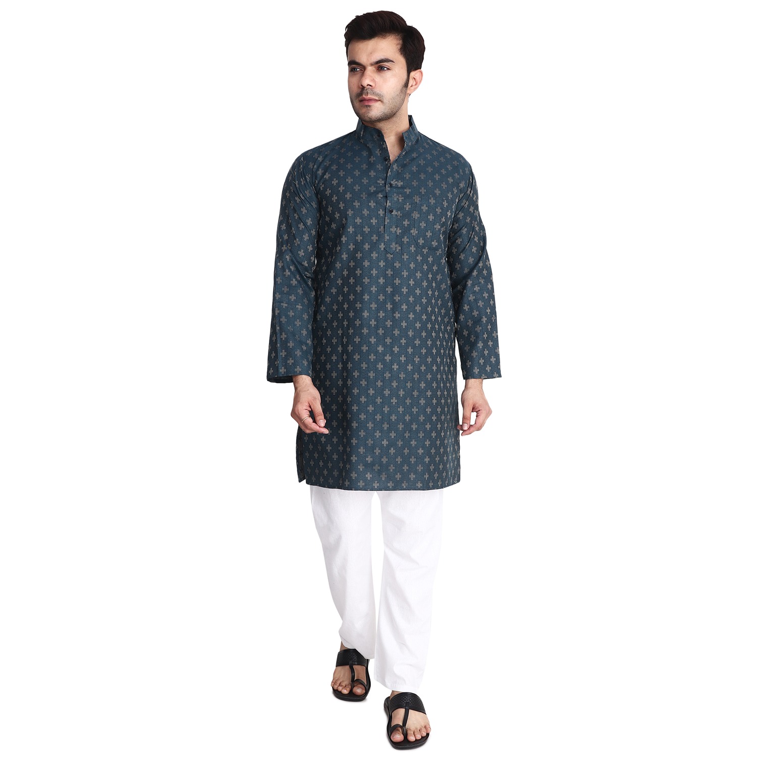 Aaryavar Men's Embroidered Premium Cotton Kurta - Teal Blue Color