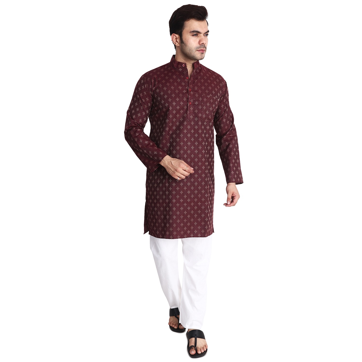 Aaryavar Men's Embroidered Premium Cotton Kurta - Maroon Color