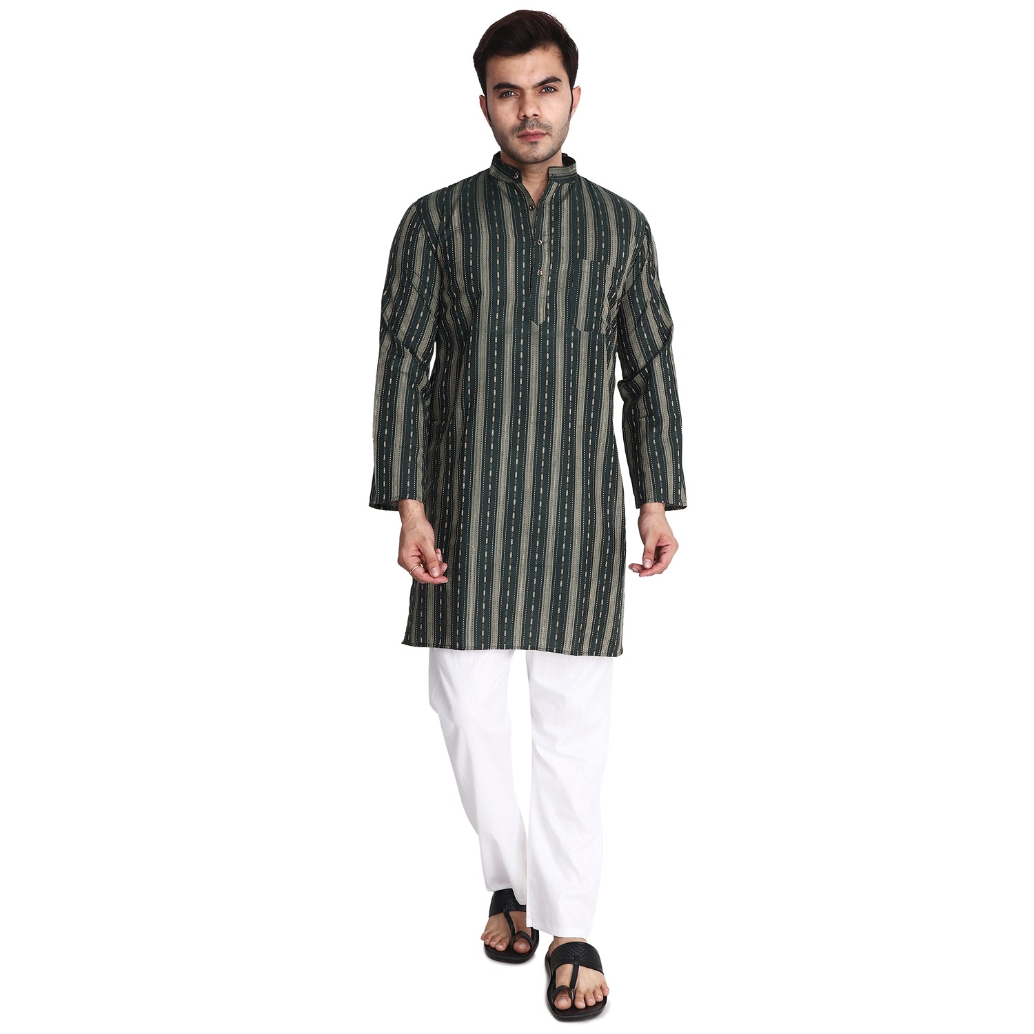 Aaryavar Men's Embroidered Premium Cotton - Motif Design Kurta - Dark Green Color