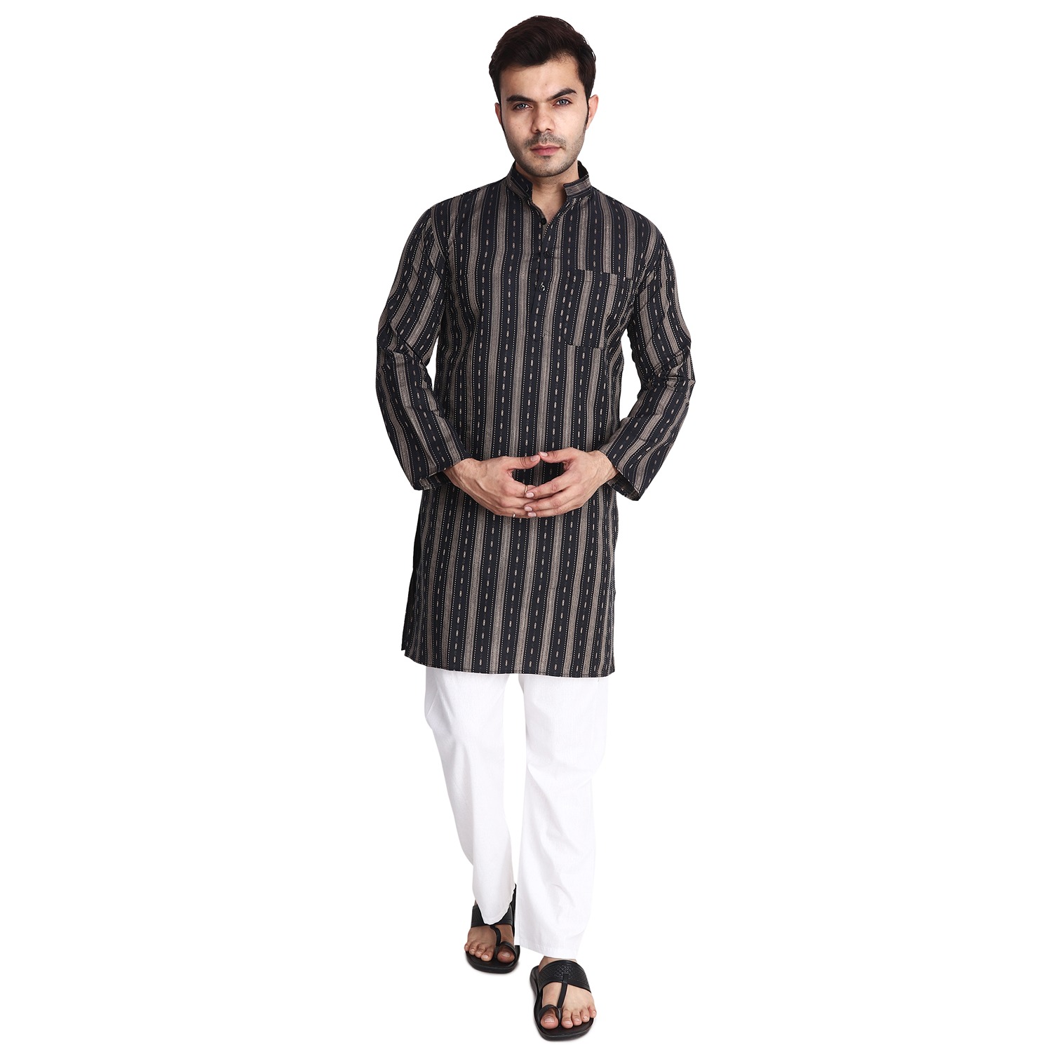 Aaryavar Men's Embroidered Premium Cotton - Motif Design Kurta - Black Color