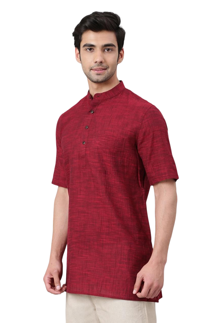 Aaryavar Khadi Cotton Blend - Self Design - Casual Regular Fit Mandarin/Chinese Collar Short Kurta for Men - Maroon Color