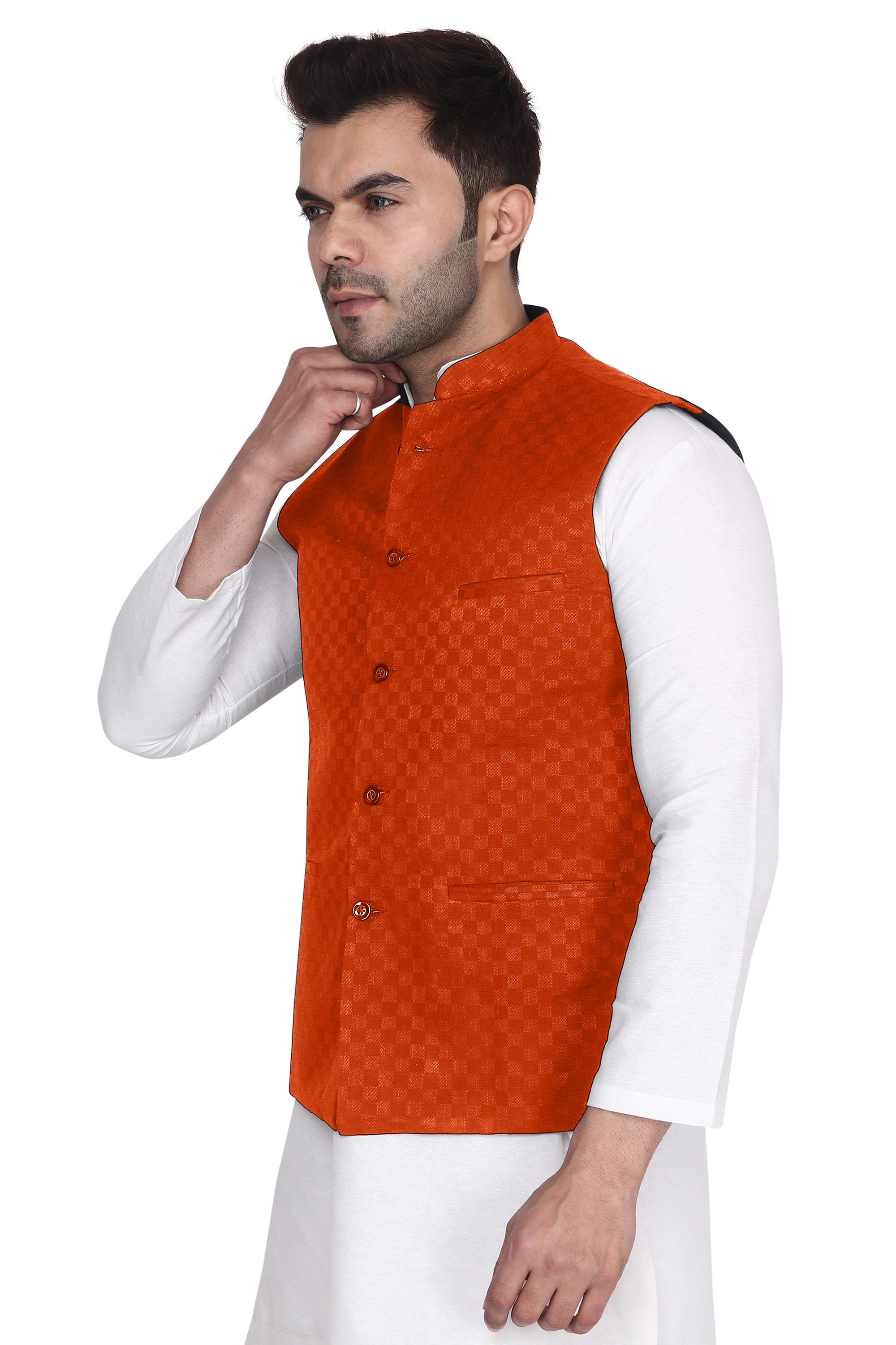 Aaryavar Ethnic Premium Nehru/Modi Jacket/Waistcoat - Sleeveless Coat for Formal & Festival Temple Function Wear - Saffron Color