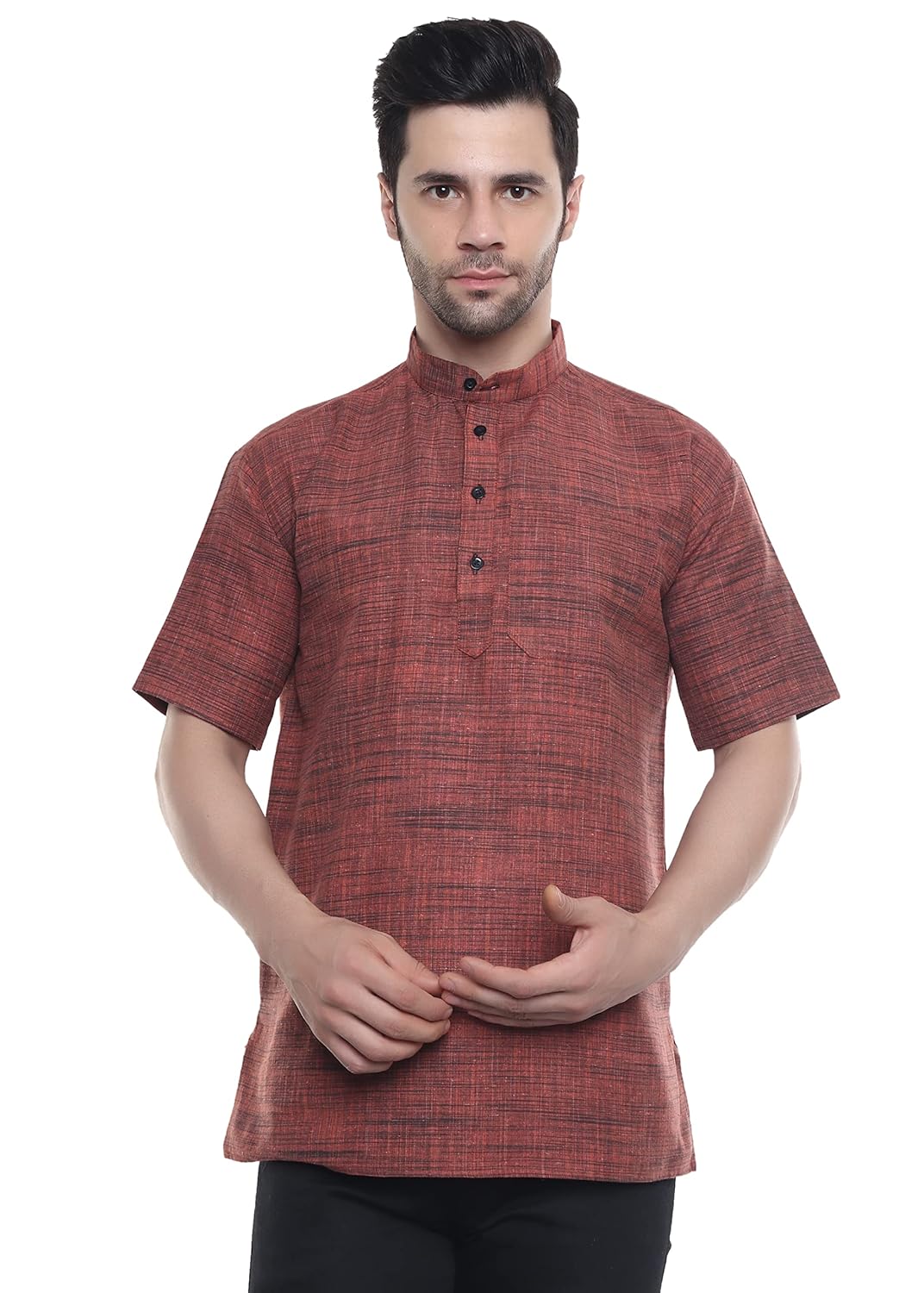 Aaryavar Khadi Cotton Blend - Self Design - Casual Regular Fit Mandarin/Chinese Collar Short Kurta for Men - Dark Orange Color