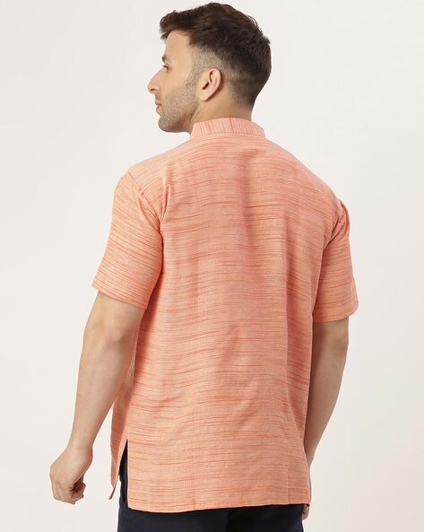 Aaryavar Khadi Cotton Blend - Self Design - Casual Regular Fit Mandarin/Chinese Collar Short Kurta for Men - Coral / Peach Color