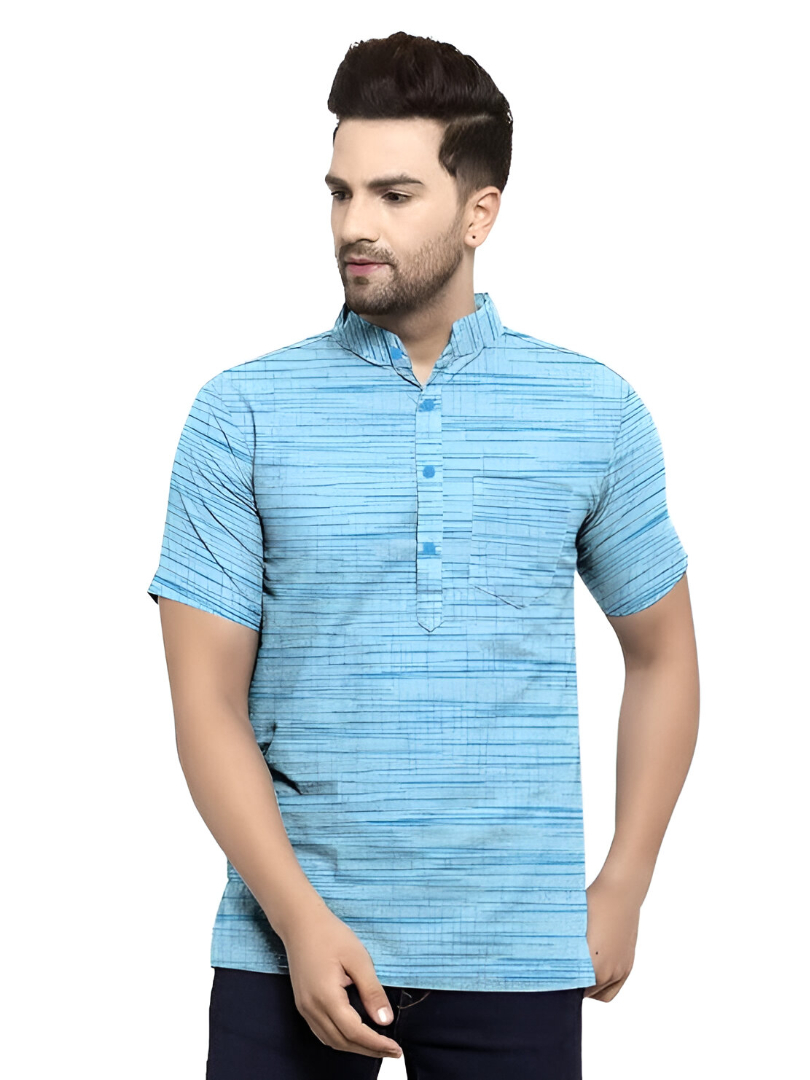 Aaryavar Khadi Cotton Blend - Self Design - Casual Regular Fit Mandarin/Chinese Collar Short Kurta for Men - Turquoise Color