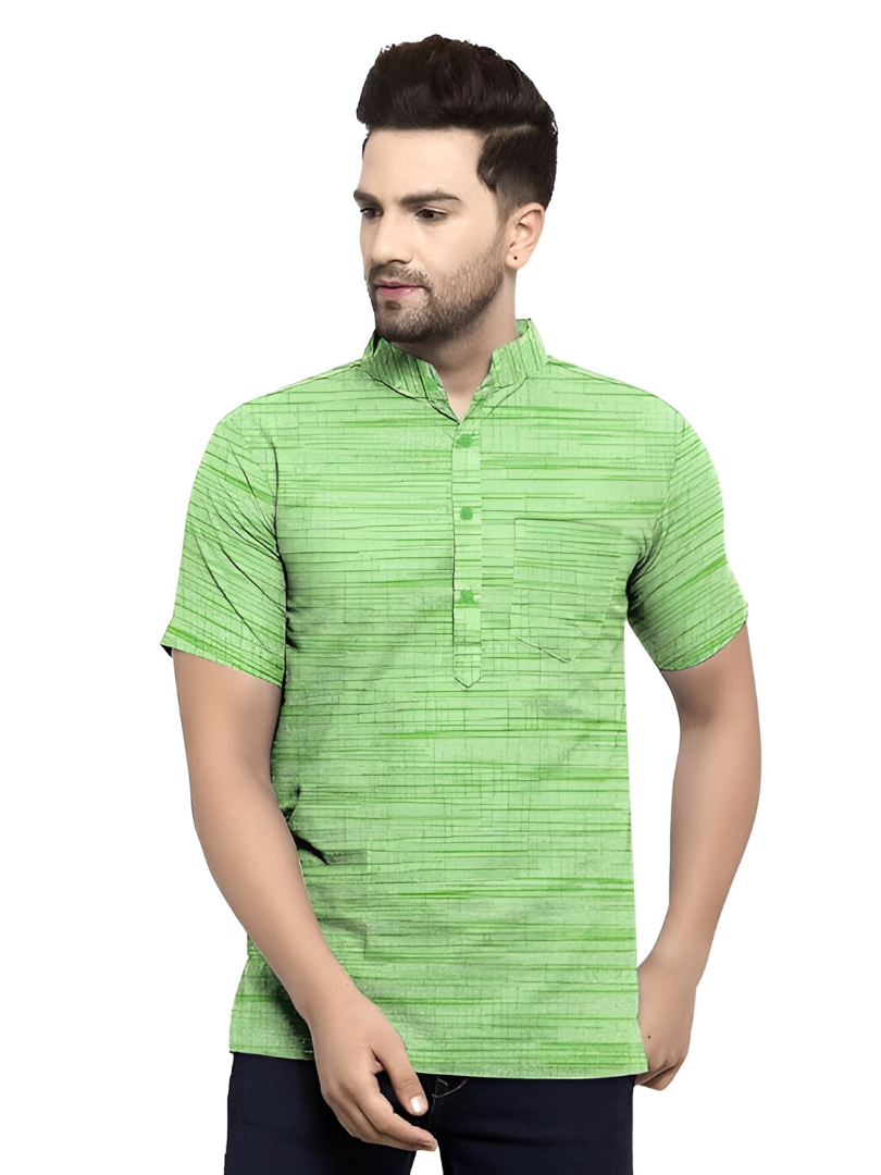 Aaryavar Khadi Cotton Blend - Self Design - Casual Regular Fit Mandarin/Chinese Collar Short Kurta for Men - Sea Green Color