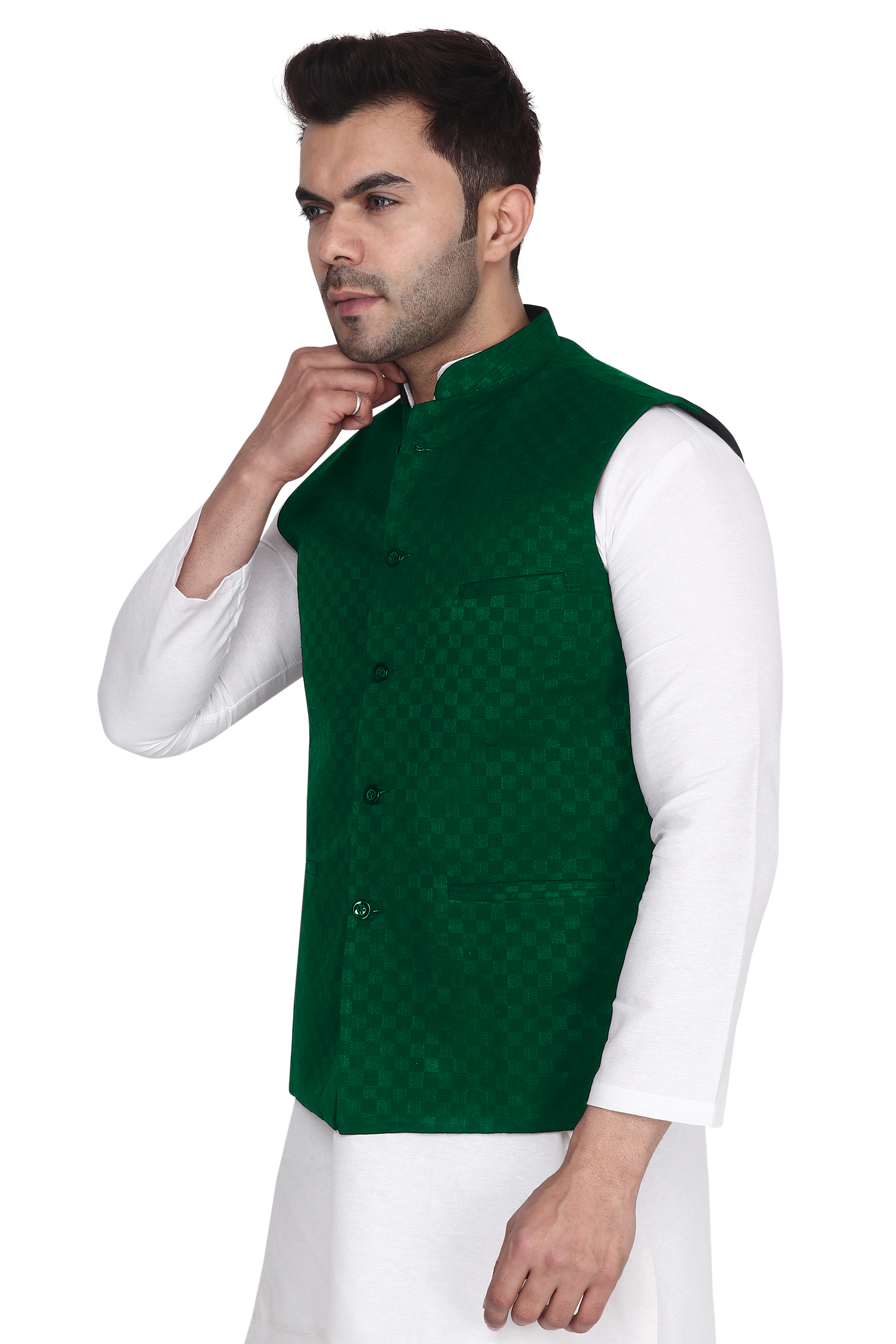 Aaryavar Ethnic Premium Nehru/Modi Jacket/Waistcoat - Sleeveless Coat for Formal & Festival Wear - Dark Green Color