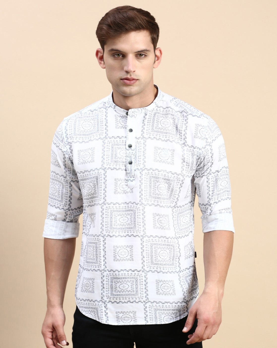 Aaryavar Men’s Premium Short Cotton Kurta | Geometric Printed Ethnic Wear for Casual & Special Occasions - Grey & White Color