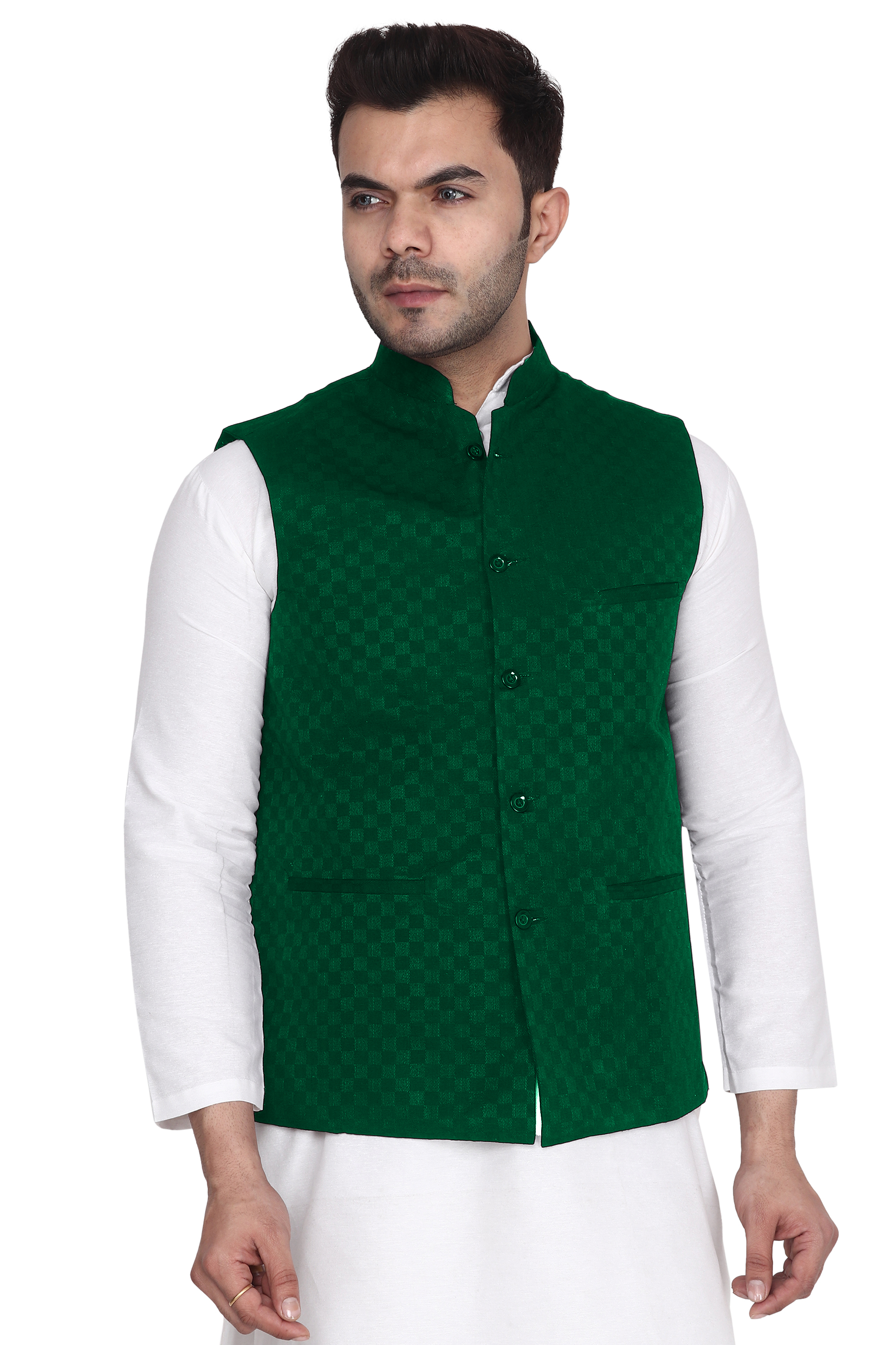 Aaryavar Ethnic Premium Nehru/Modi Jacket/Waistcoat - Sleeveless Coat for Formal & Festival Wear - Dark Green Color