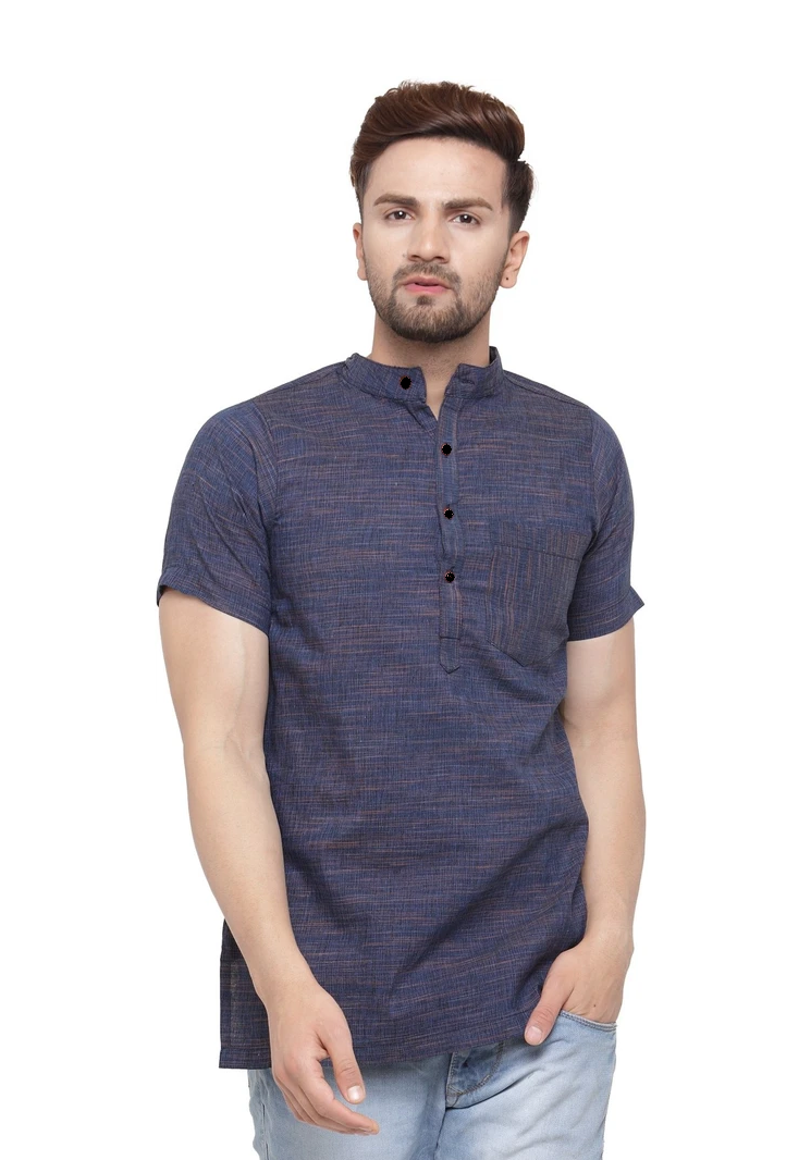 Aaryavar Khadi Cotton Blend - Self Design - Casual Regular Fit Mandarin/Chinese Collar Short Kurta for Men - Navy Blue Color