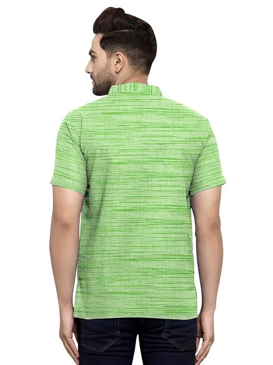 Aaryavar Khadi Cotton Blend - Self Design - Casual Regular Fit Mandarin/Chinese Collar Short Kurta for Men - Sea Green Color