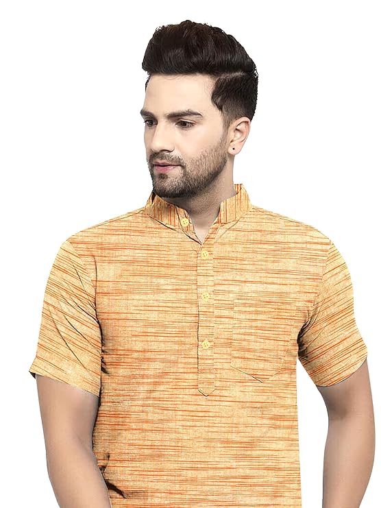 Aaryavar Khadi Cotton Blend - Self Design - Casual Regular Fit Mandarin/Chinese Collar Short Kurta for Men - Light Yellow Color