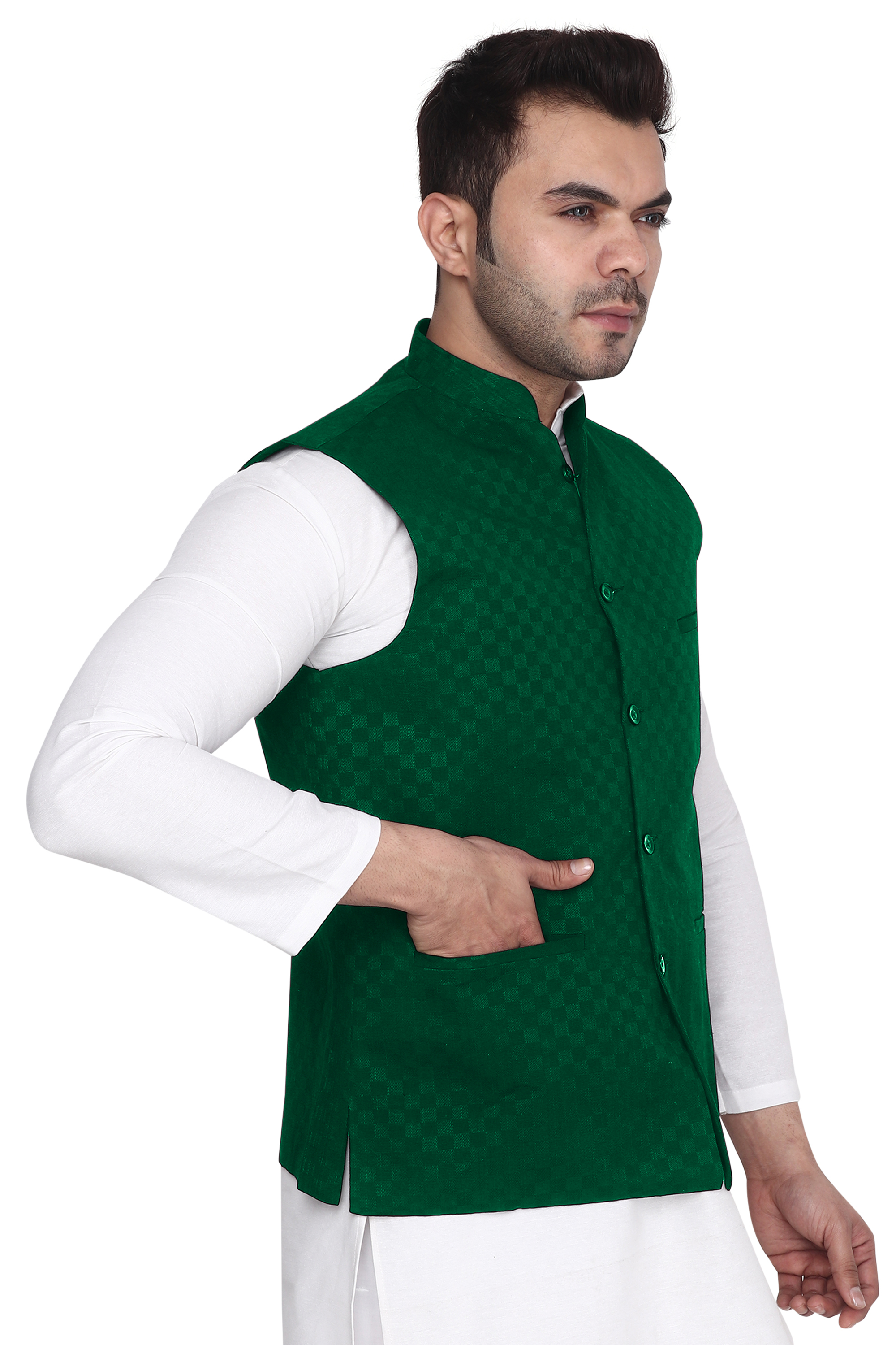 Aaryavar Ethnic Premium Nehru/Modi Jacket/Waistcoat - Sleeveless Coat for Formal & Festival Wear - Dark Green Color