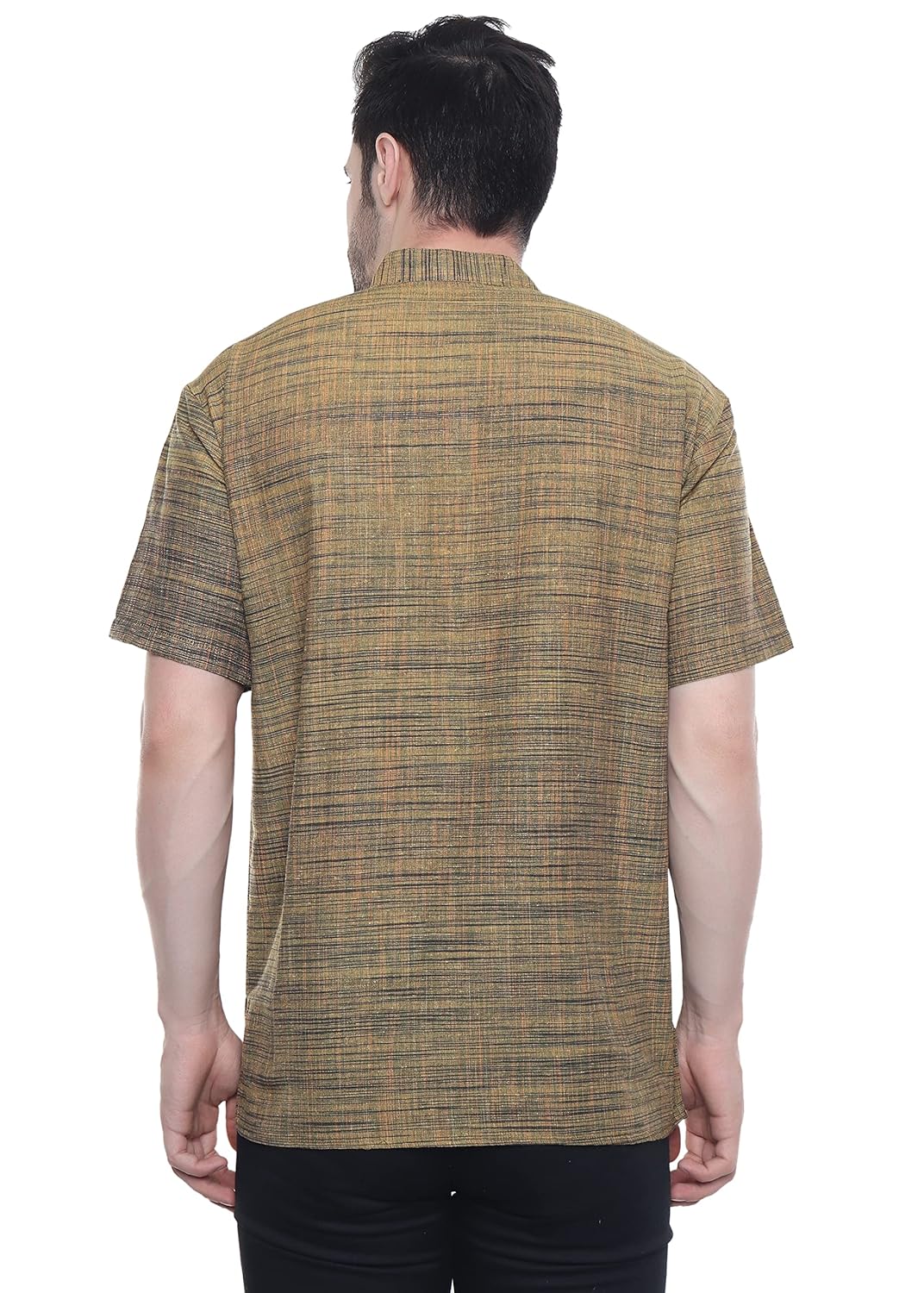 Aaryavar Khadi Cotton Blend - Self Design - Casual Regular Fit Mandarin/Chinese Collar Short Kurta for Men - Dark Yellow Color