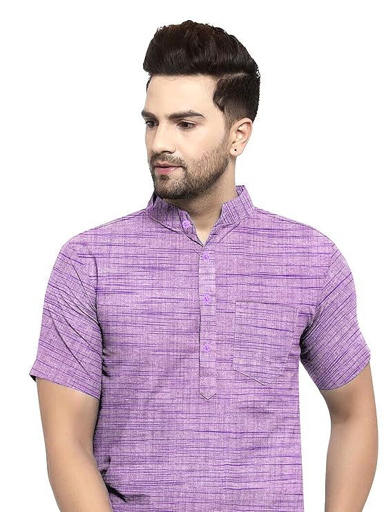 Aaryavar Khadi Cotton Blend - Self Design - Casual Regular Fit Mandarin/Chinese Collar Short Kurta for Men - Purple Color
