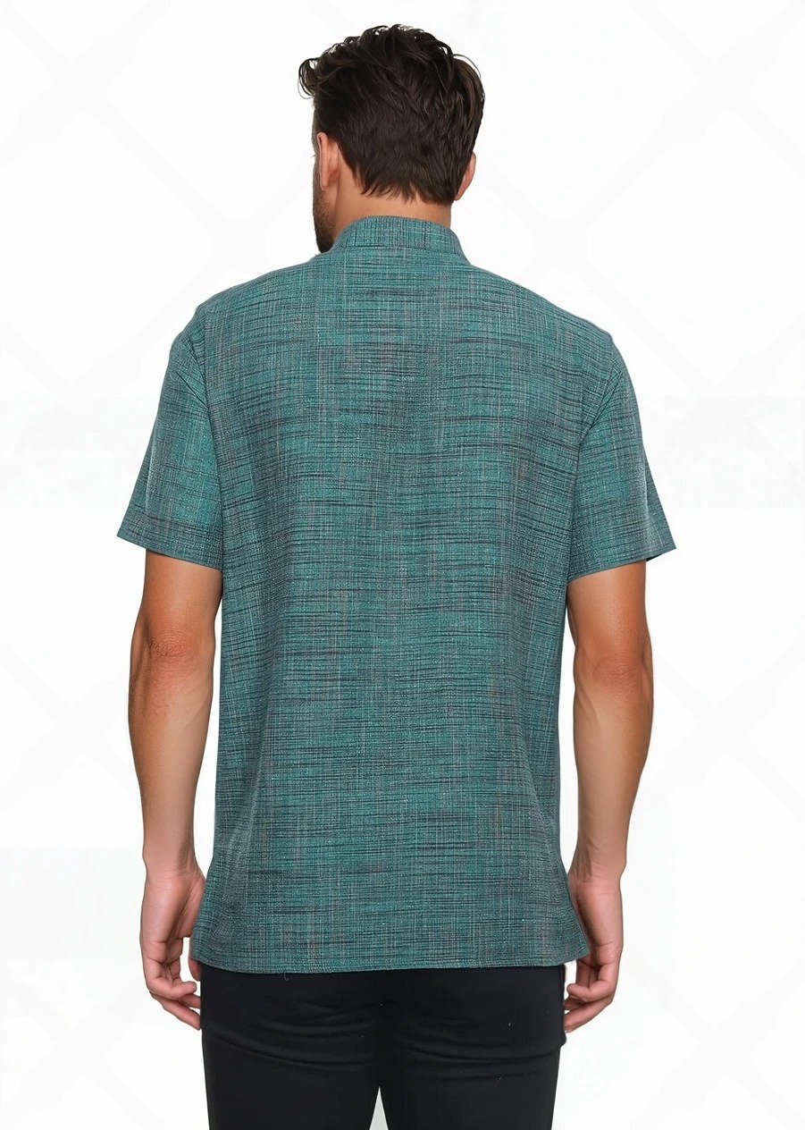 Aaryavar Khadi Cotton Blend - Self Design - Casual Regular Fit Mandarin/Chinese Collar Short Kurta for Men - Firozi Color