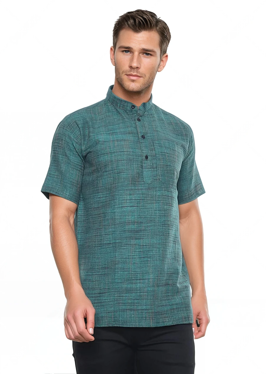 Aaryavar Khadi Cotton Blend - Self Design - Casual Regular Fit Mandarin/Chinese Collar Short Kurta for Men - Firozi Color