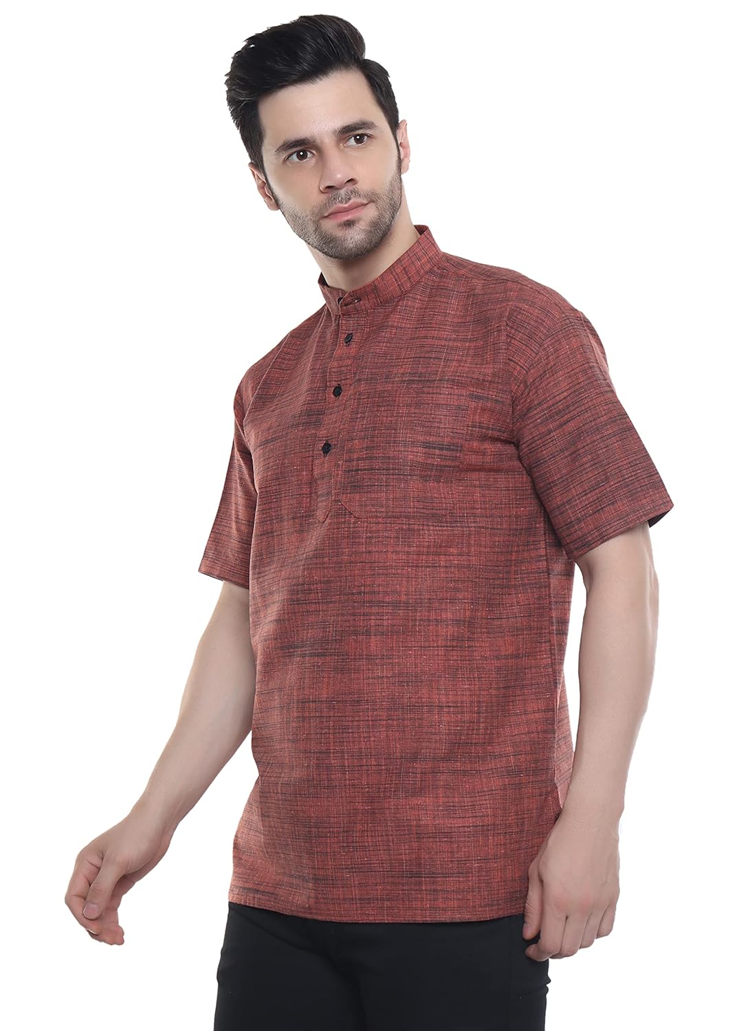 Aaryavar Khadi Cotton Blend - Self Design - Casual Regular Fit Mandarin/Chinese Collar Short Kurta for Men - Dark Orange Color