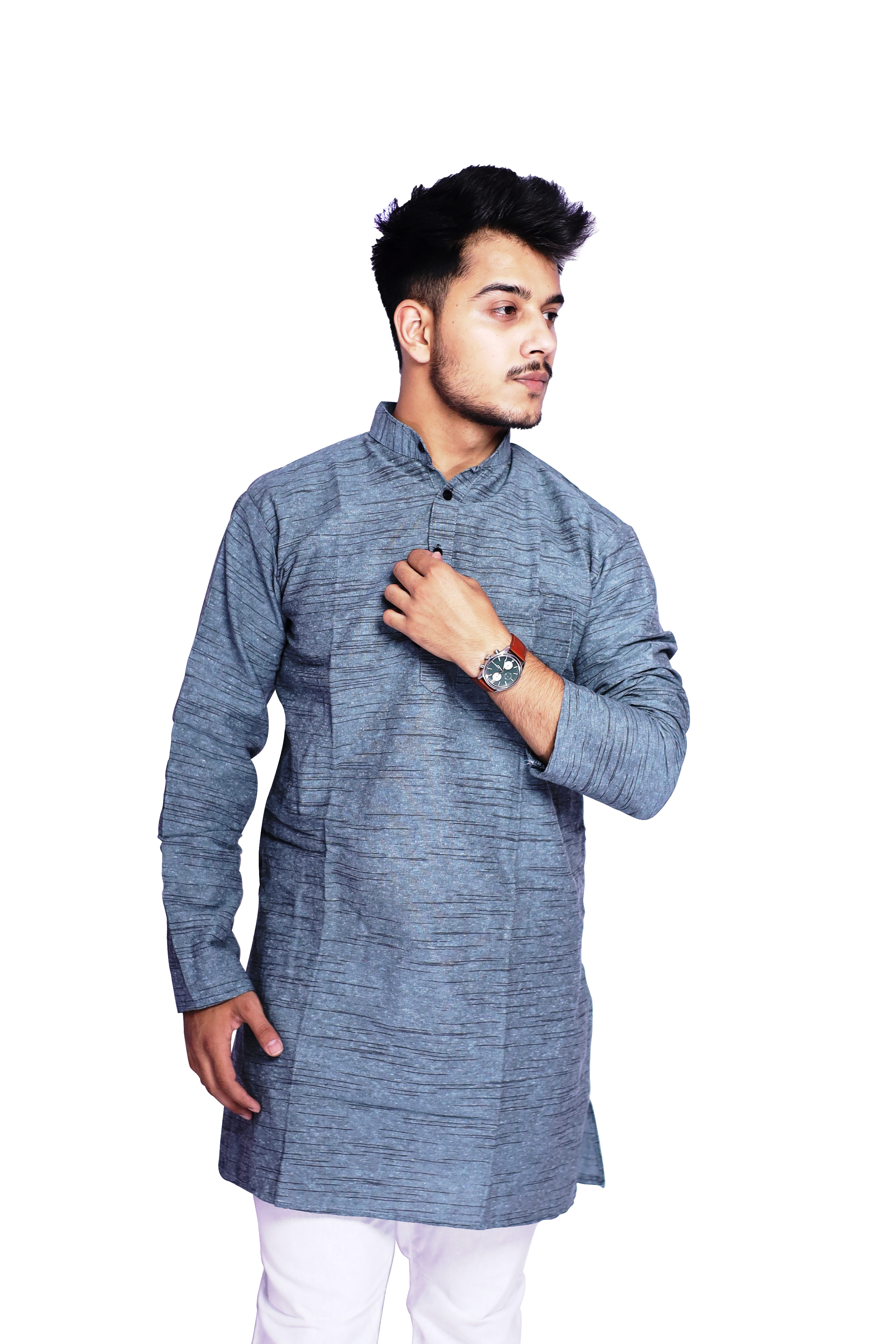Aaryavar Men's Khadi Cotton Relaxed Kurta - Slate Grey Color