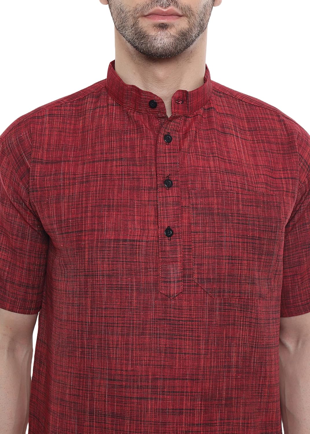 Aaryavar Khadi Cotton Blend - Self Design - Casual Regular Fit Mandarin/Chinese Collar Short Kurta for Men - Maroon Color