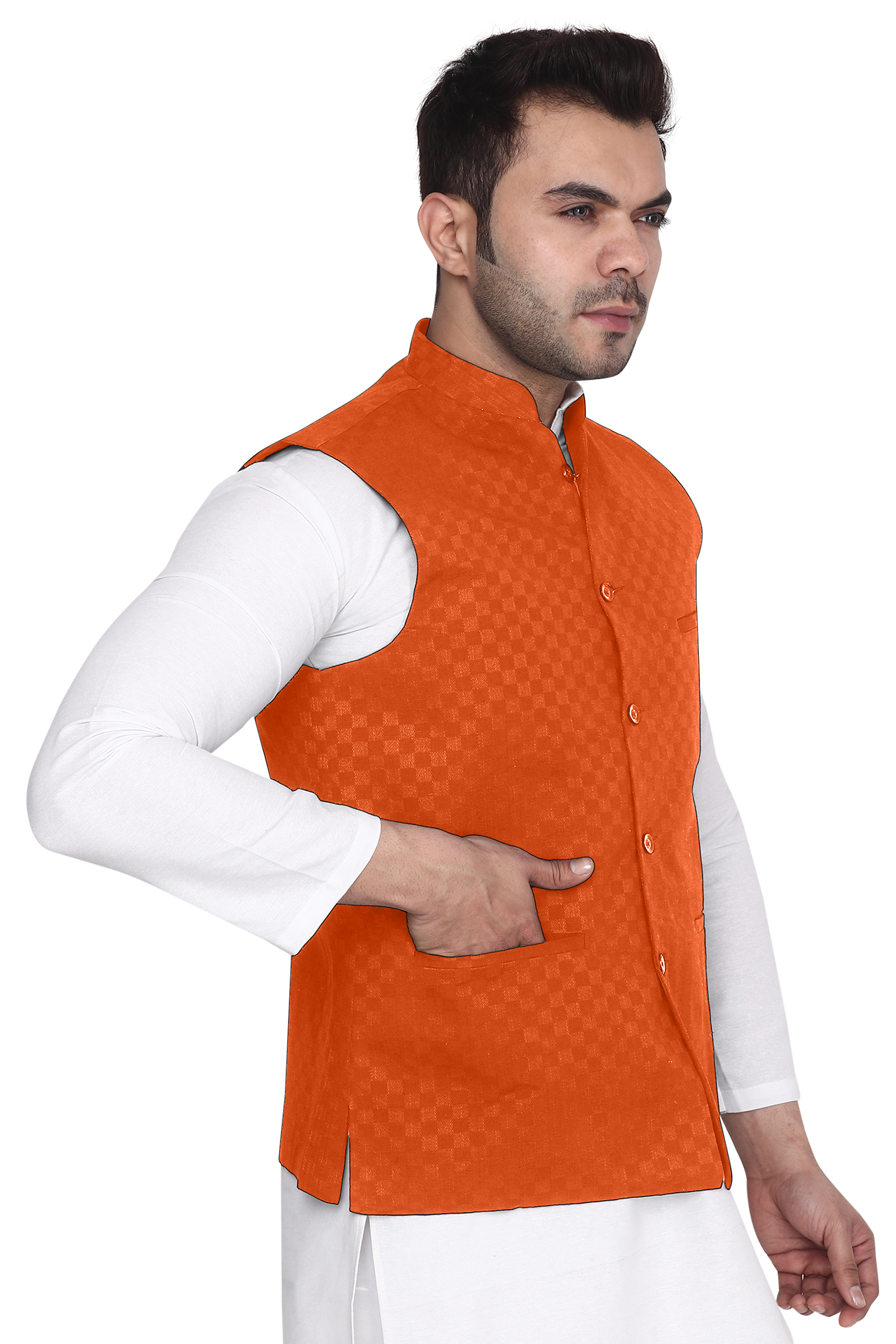 Aaryavar Ethnic Premium Nehru/Modi Jacket/Waistcoat - Sleeveless Coat for Formal & Festival Temple Function Wear - Saffron Color