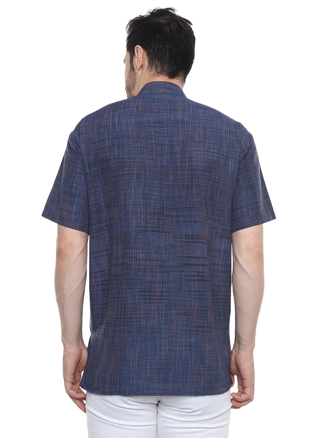 Aaryavar Khadi Cotton Blend - Self Design - Casual Regular Fit Mandarin/Chinese Collar Short Kurta for Men - Navy Blue Color