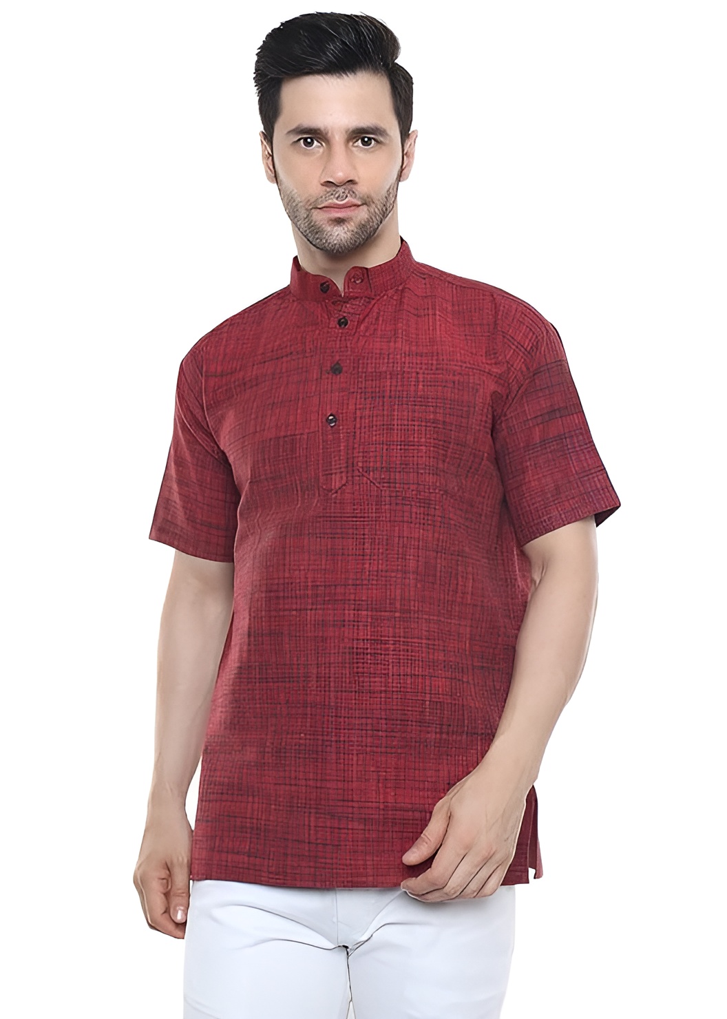 Aaryavar Khadi Cotton Blend - Self Design - Casual Regular Fit Mandarin/Chinese Collar Short Kurta for Men - Maroon Color