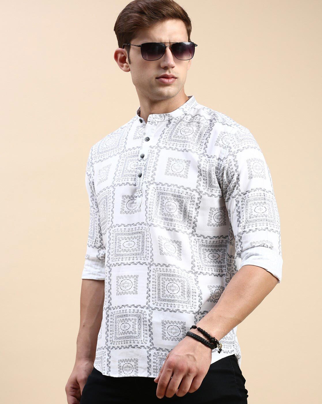Aaryavar Men’s Premium Short Cotton Kurta | Geometric Printed Ethnic Wear for Casual & Special Occasions - Grey & White Color