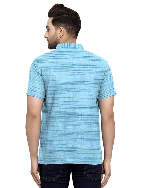 Aaryavar Khadi Cotton Blend - Self Design - Casual Regular Fit Mandarin/Chinese Collar Short Kurta for Men - Turquoise Color
