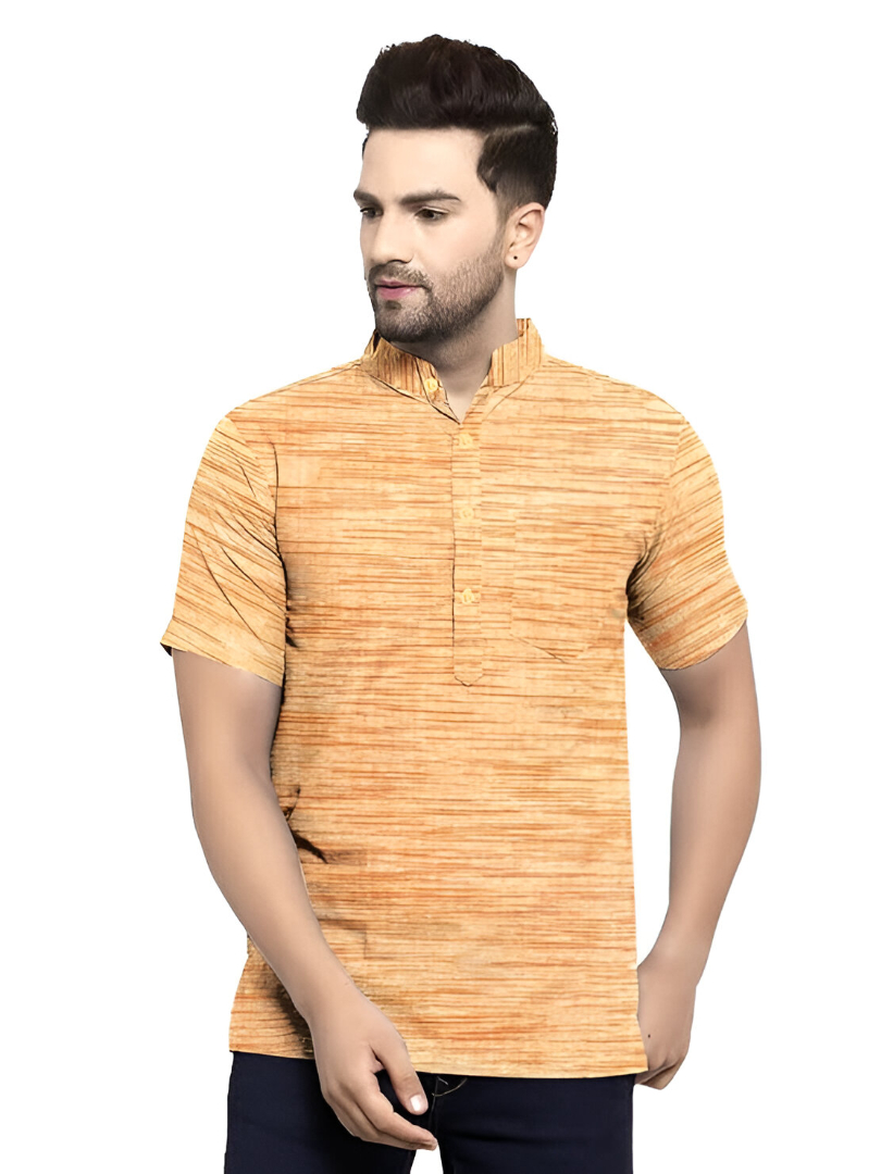 Aaryavar Khadi Cotton Blend - Self Design - Casual Regular Fit Mandarin/Chinese Collar Short Kurta for Men - Light Yellow Color