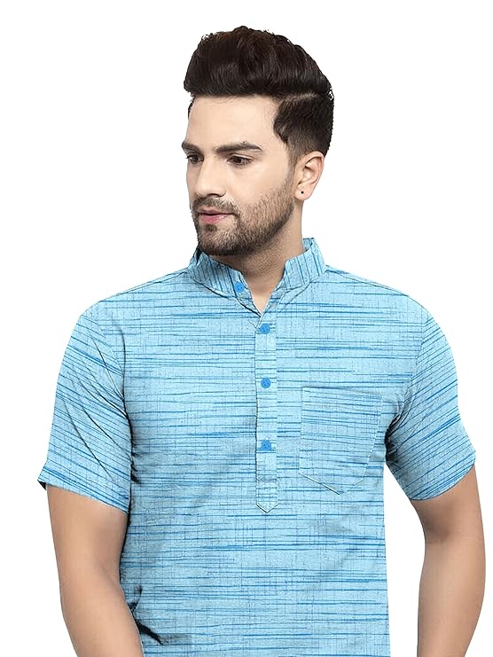 Aaryavar Khadi Cotton Blend - Self Design - Casual Regular Fit Mandarin/Chinese Collar Short Kurta for Men - Turquoise Color