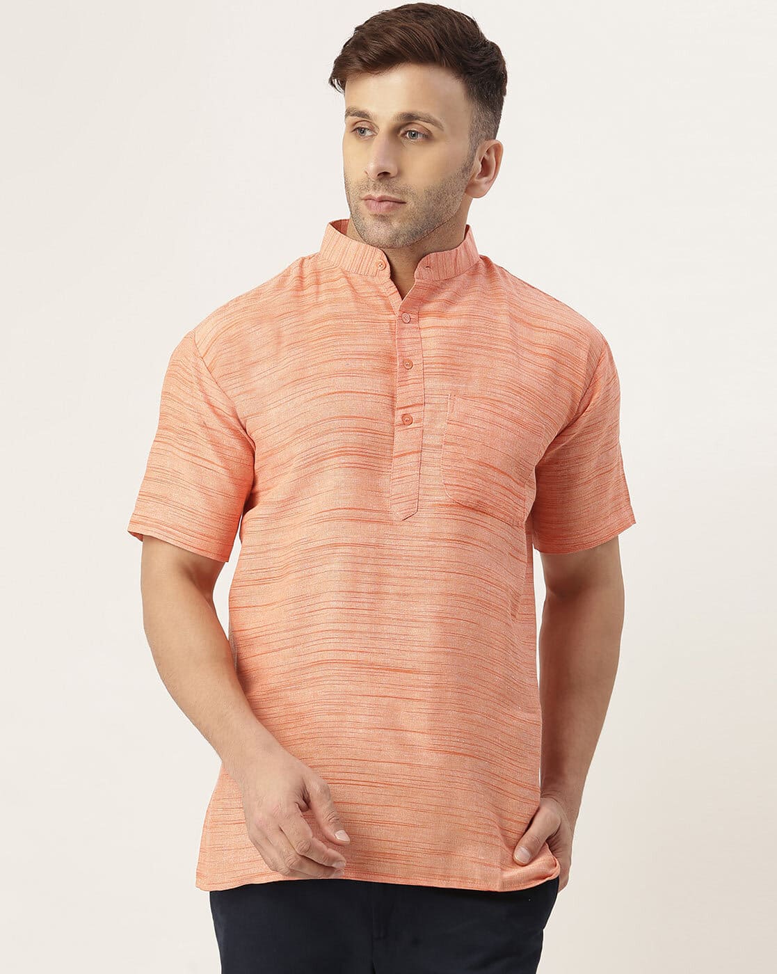Aaryavar Khadi Cotton Blend - Self Design - Casual Regular Fit Mandarin/Chinese Collar Short Kurta for Men - Coral / Peach Color
