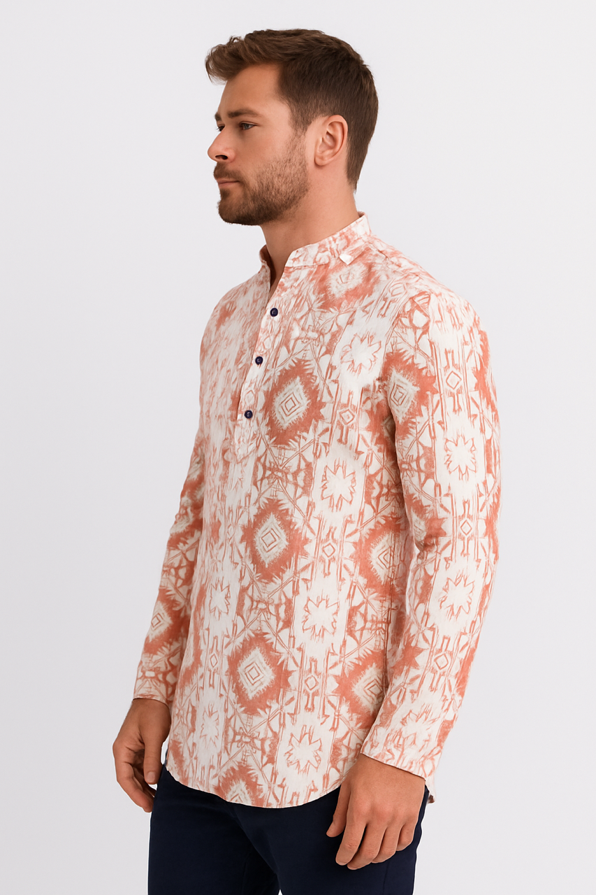 Aaryavar Men’s Premium Short Cotton Kurta | Geometric Printed Ethnic Wear for Casual & Special Occasions - Orange & White Color