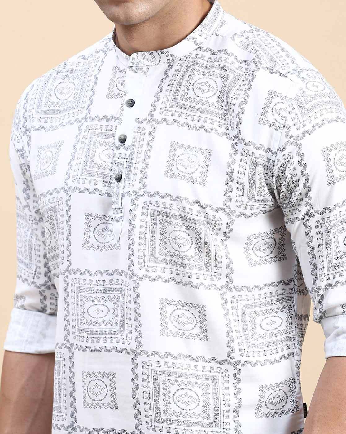 Aaryavar Men’s Premium Short Cotton Kurta | Geometric Printed Ethnic Wear for Casual & Special Occasions - Grey & White Color