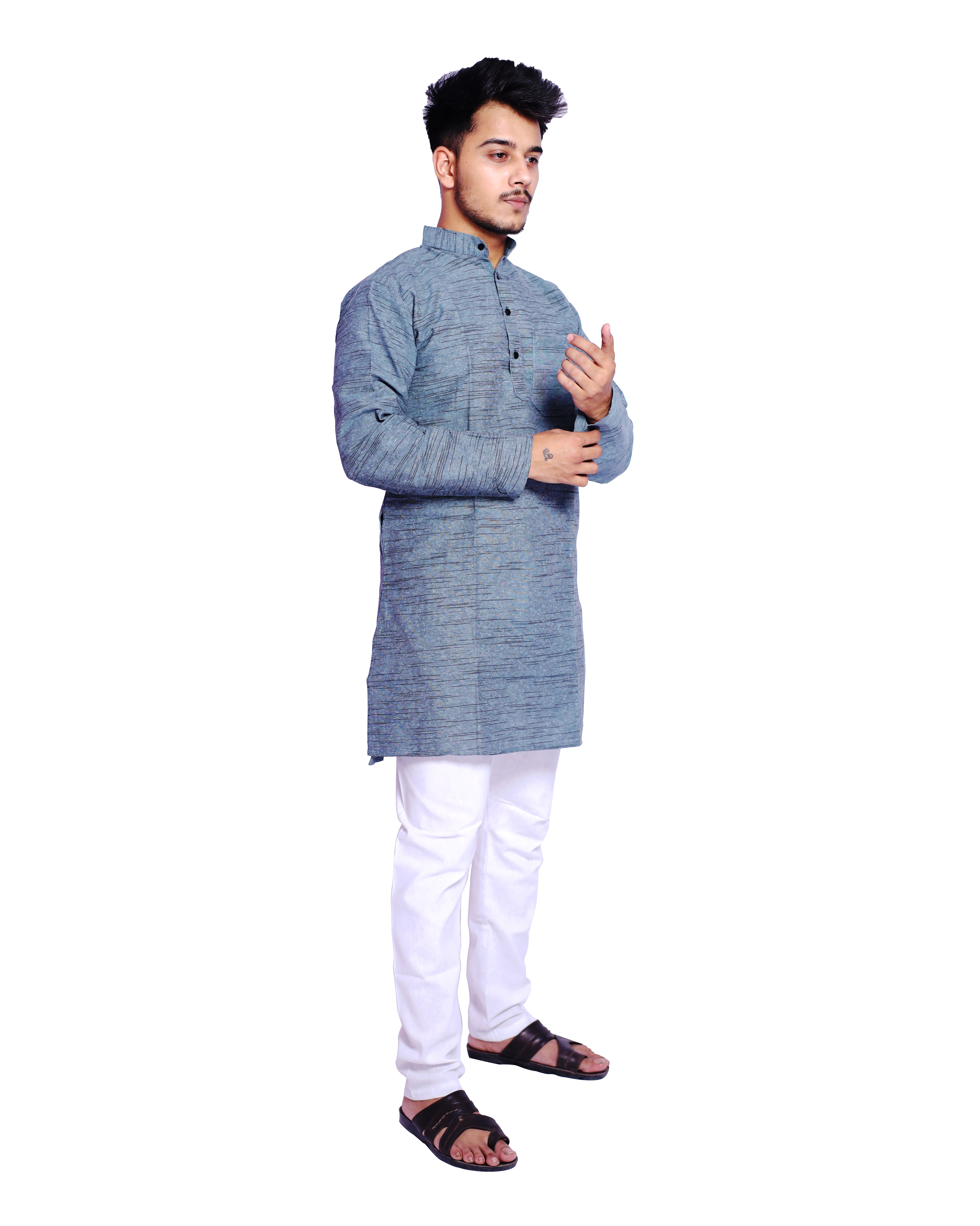Aaryavar Men's Khadi Cotton Relaxed Kurta - Slate Grey Color