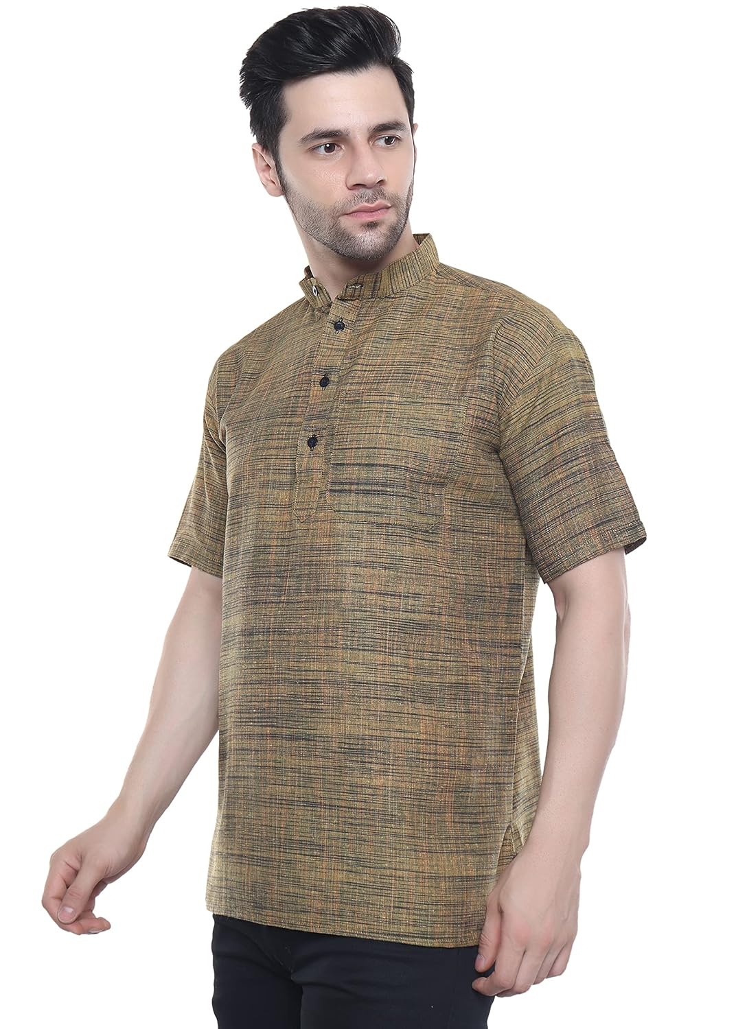 Aaryavar Khadi Cotton Blend - Self Design - Casual Regular Fit Mandarin/Chinese Collar Short Kurta for Men - Dark Yellow Color