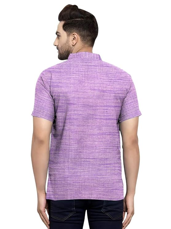 Aaryavar Khadi Cotton Blend - Self Design - Casual Regular Fit Mandarin/Chinese Collar Short Kurta for Men - Purple Color