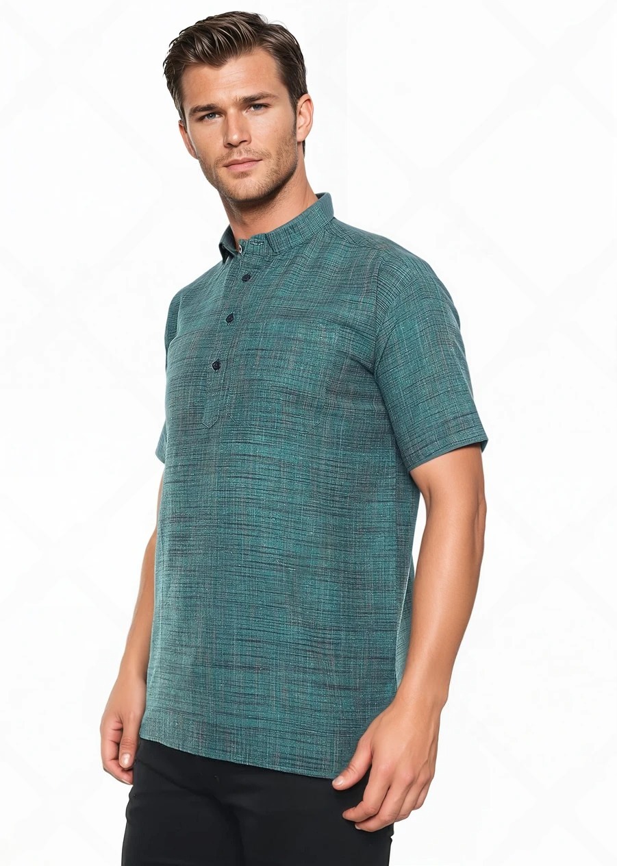 Aaryavar Khadi Cotton Blend - Self Design - Casual Regular Fit Mandarin/Chinese Collar Short Kurta for Men - Firozi Color