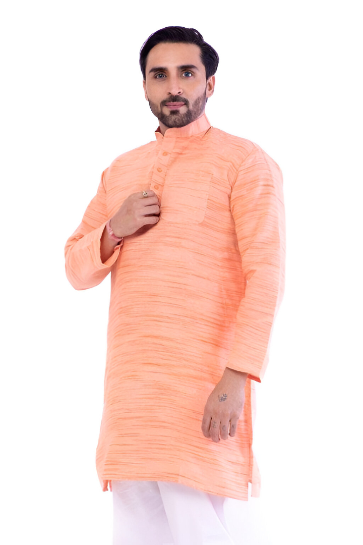 Aaryavar Men's Khadi Cotton Relaxed Kurta - Coral / Peach Color