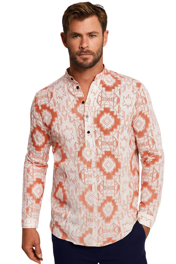 Aaryavar Men’s Premium Short Cotton Kurta | Geometric Printed Ethnic Wear for Casual & Special Occasions - Orange & White Color