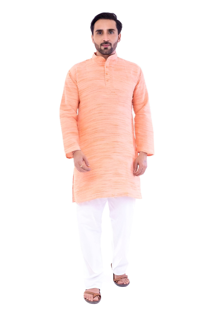 Aaryavar Men's Khadi Cotton Relaxed Kurta - Coral / Peach Color