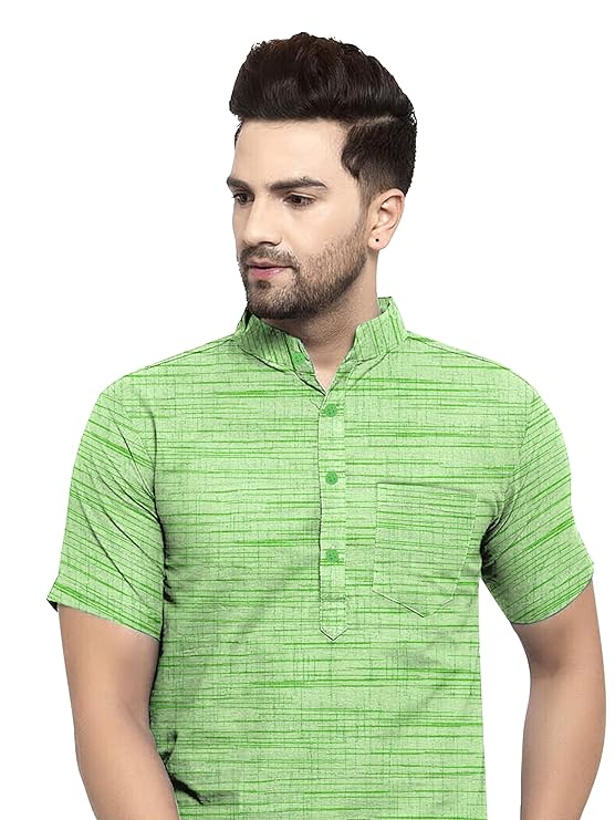 Aaryavar Khadi Cotton Blend - Self Design - Casual Regular Fit Mandarin/Chinese Collar Short Kurta for Men - Sea Green Color