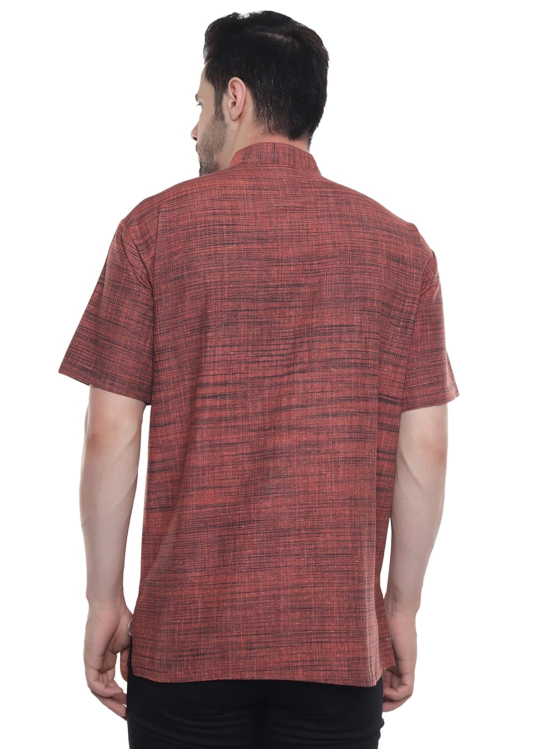 Aaryavar Khadi Cotton Blend - Self Design - Casual Regular Fit Mandarin/Chinese Collar Short Kurta for Men - Dark Orange Color