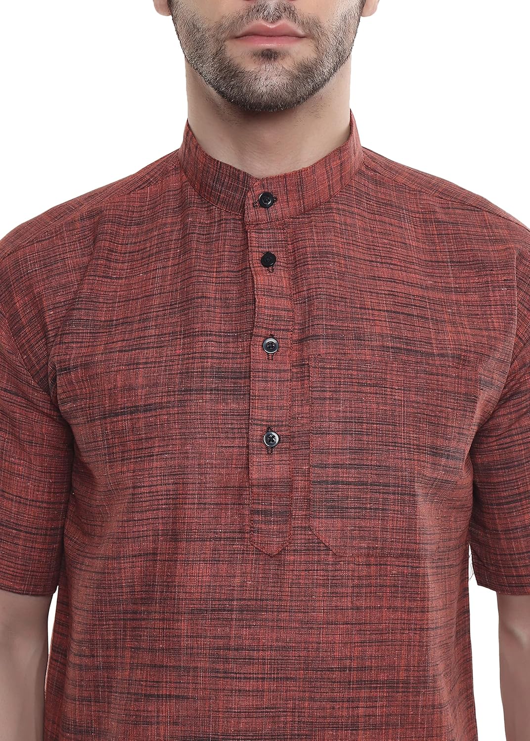 Aaryavar Khadi Cotton Blend - Self Design - Casual Regular Fit Mandarin/Chinese Collar Short Kurta for Men - Dark Orange Color