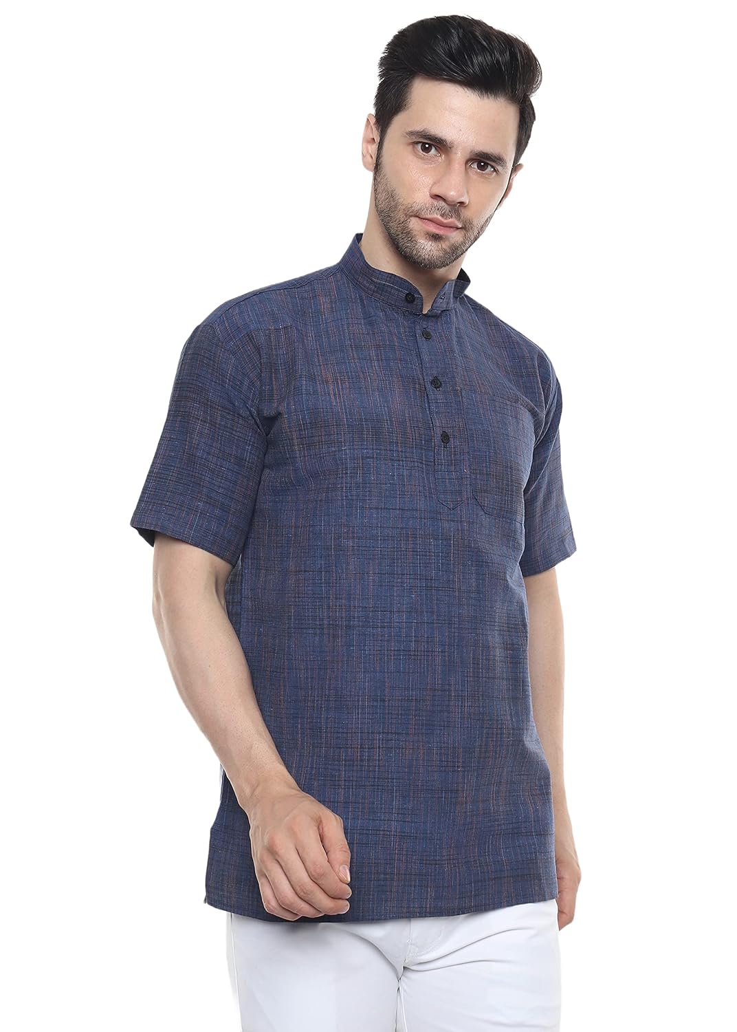Aaryavar Khadi Cotton Blend - Self Design - Casual Regular Fit Mandarin/Chinese Collar Short Kurta for Men - Navy Blue Color
