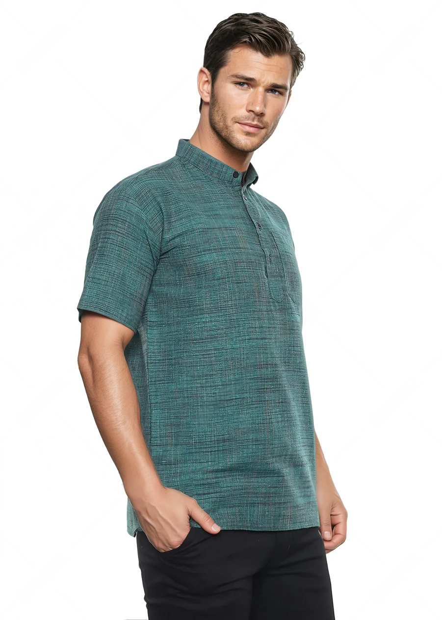 Aaryavar Khadi Cotton Blend - Self Design - Casual Regular Fit Mandarin/Chinese Collar Short Kurta for Men - Firozi Color