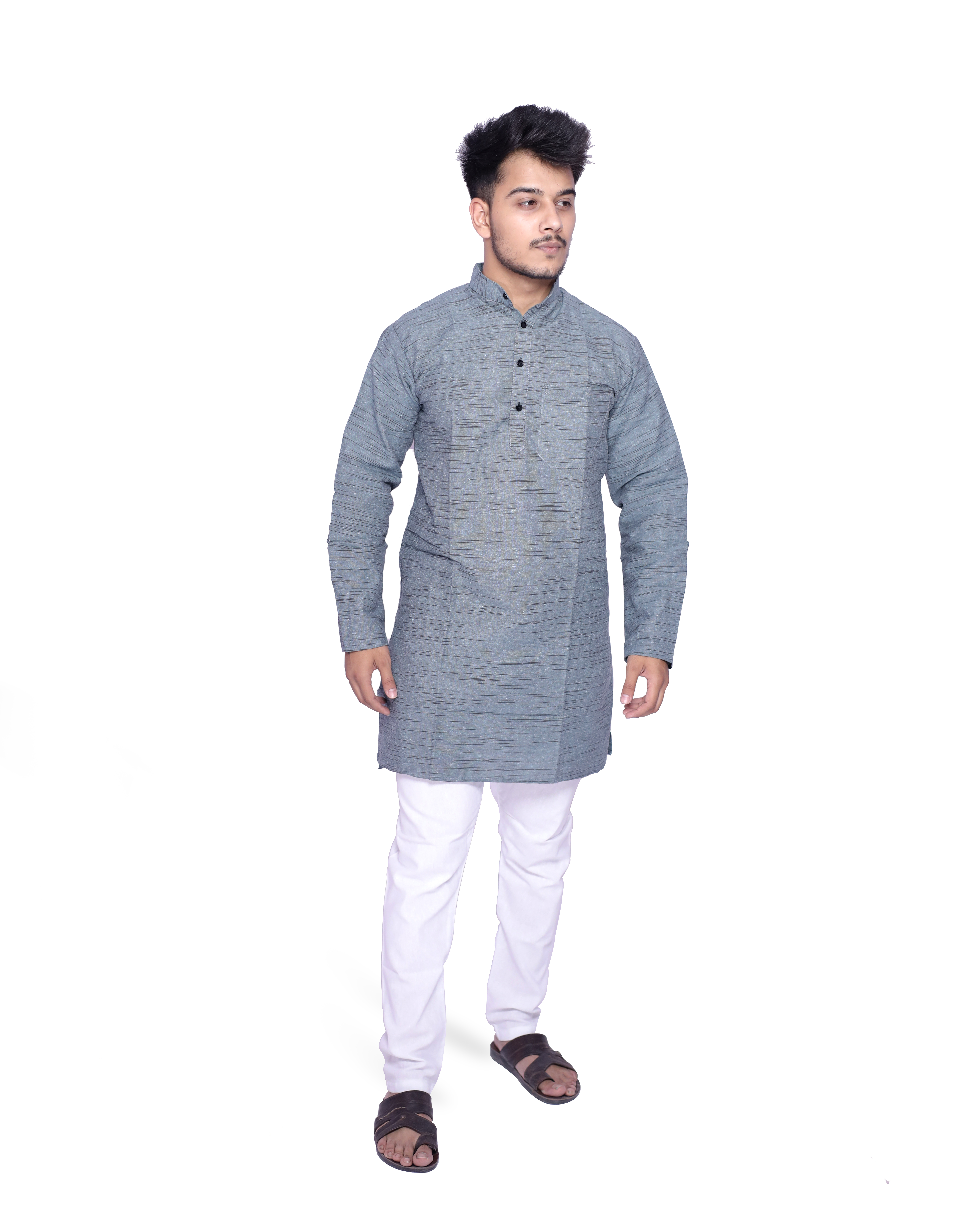 Aaryavar Men's Khadi Cotton Relaxed Kurta - Slate Grey Color