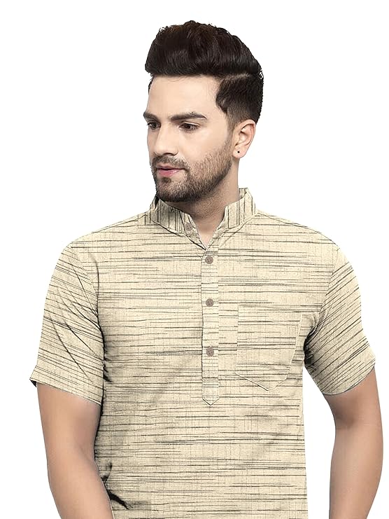 Aaryavar Khadi Cotton Blend - Self Design - Casual Regular Fit Mandarin/Chinese Collar Short Kurta for Men - Beige Color